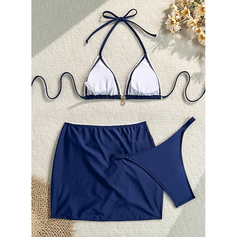 Three-Piece Halter Triangle Bikini and Ruched Mini Skirt view 14