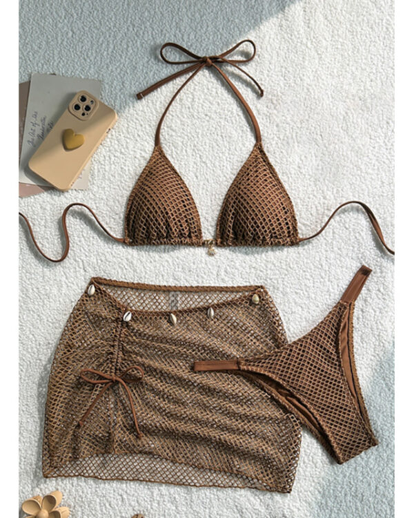 Traje de baño de tres piezas bikini triángulo halter y minifalda fruncida