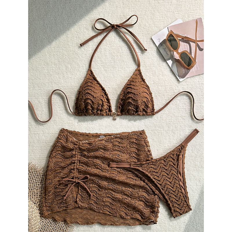 Three-Piece Halter Triangle Bikini and Ruched Mini Skirt view 3
