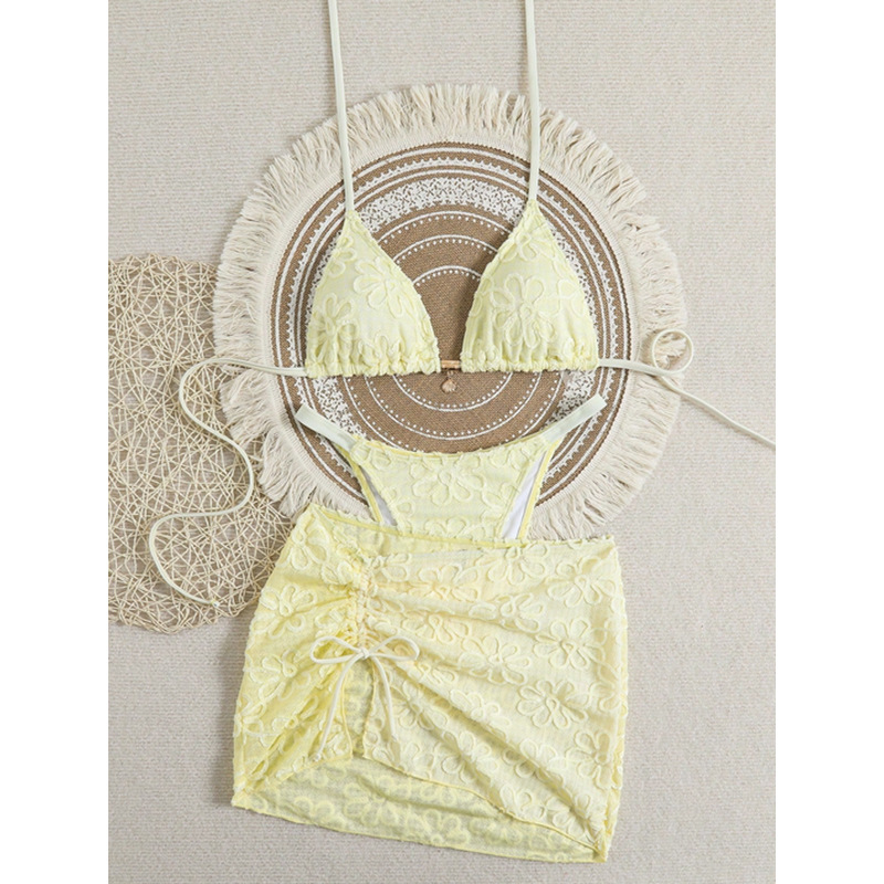 Three-Piece Halter Triangle Bikini and Ruched Mini Skirt view 30