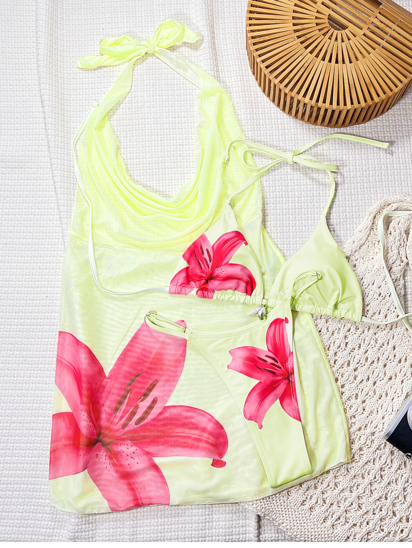 Pale Yellow Pink Lily Print Three-Piece Triangle Bikini and Halter Mini Cover-Up Set view 6