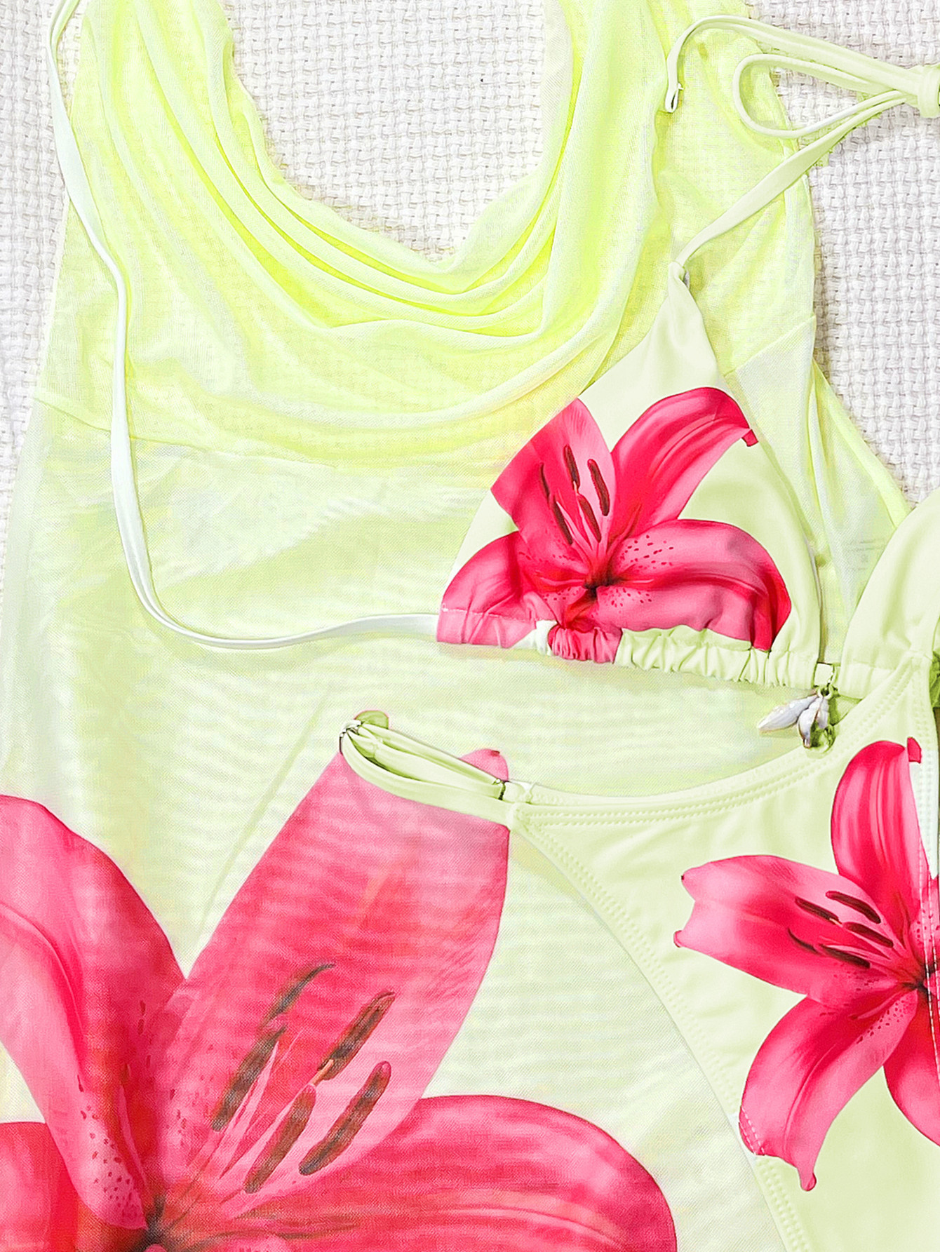 Pale Yellow Pink Lily Print Three-Piece Triangle Bikini and Halter Mini Cover-Up Set view 7