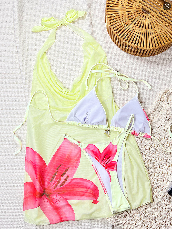 Pale Yellow Pink Lily Print Three-Piece Triangle Bikini and Halter Mini Cover-Up Set view 8
