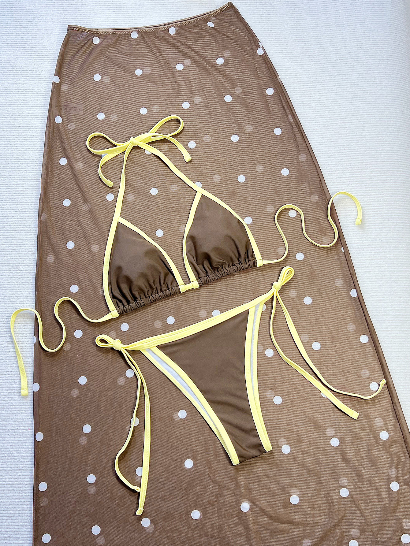 Coffee Brown Triangle Halter Bikini Three-Piece Set with Polka Dot Maxi Skirt view 6