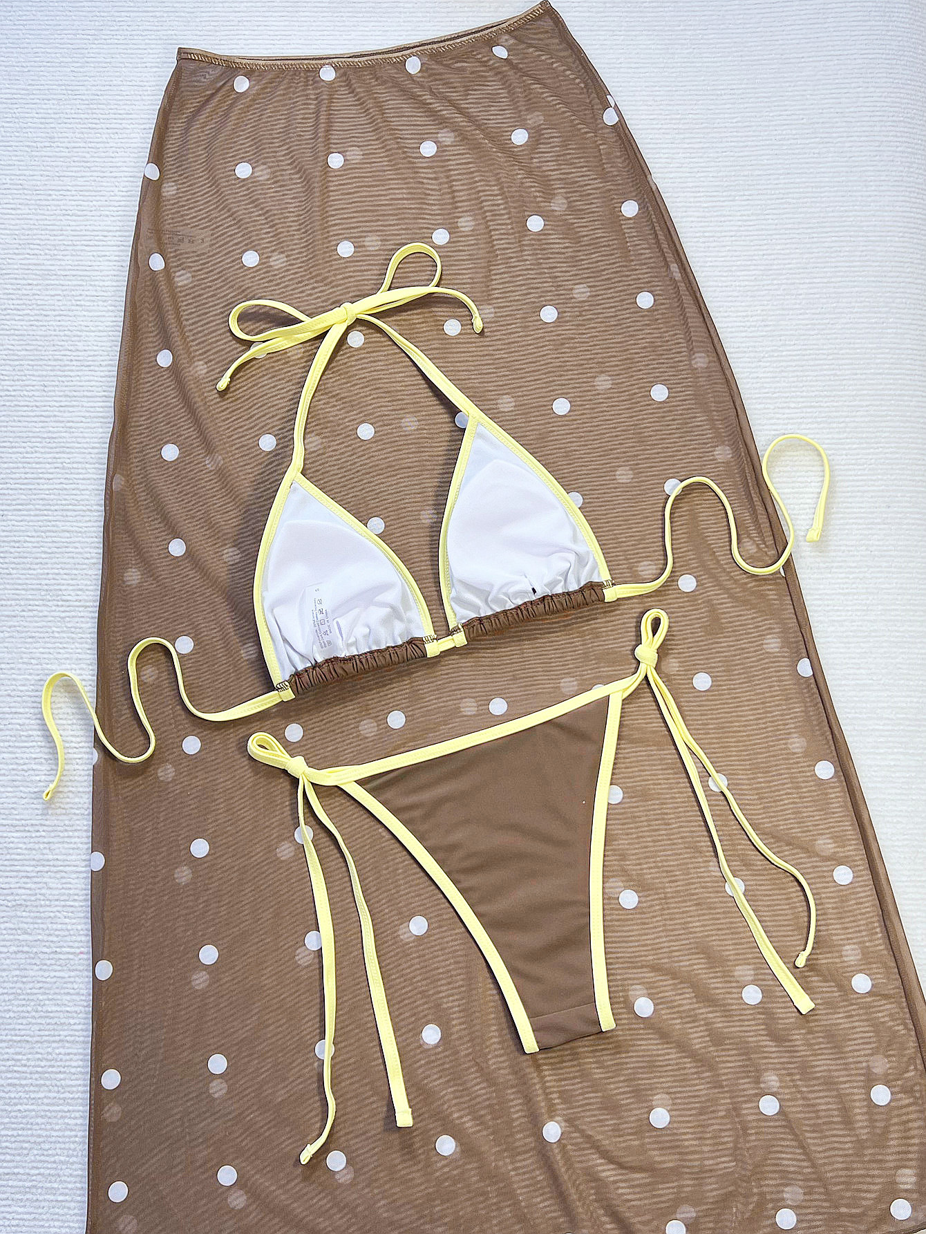 Coffee Brown Triangle Halter Bikini Three-Piece Set with Polka Dot Maxi Skirt view 7