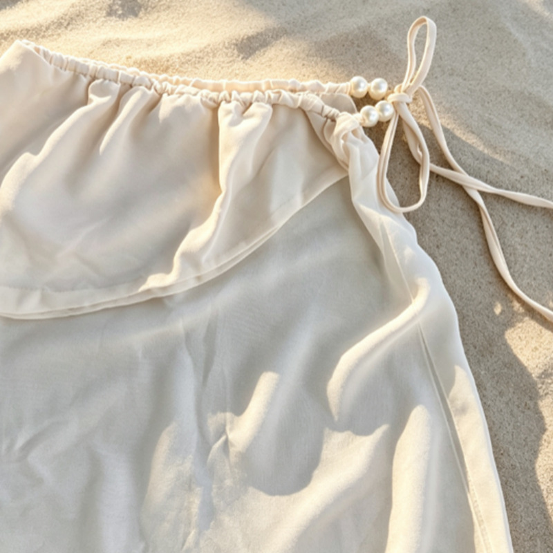 Apricot Pearl-Trim Halter Bandeau Three-Piece Bikini Set with Sarong Skirt view 11