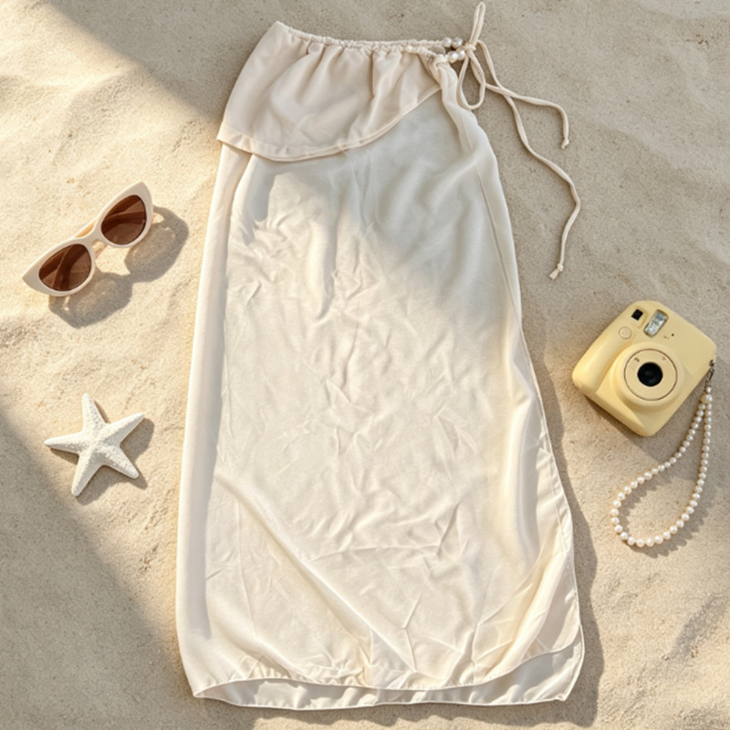 Apricot Pearl-Trim Halter Bandeau Three-Piece Bikini Set with Sarong Skirt view 12