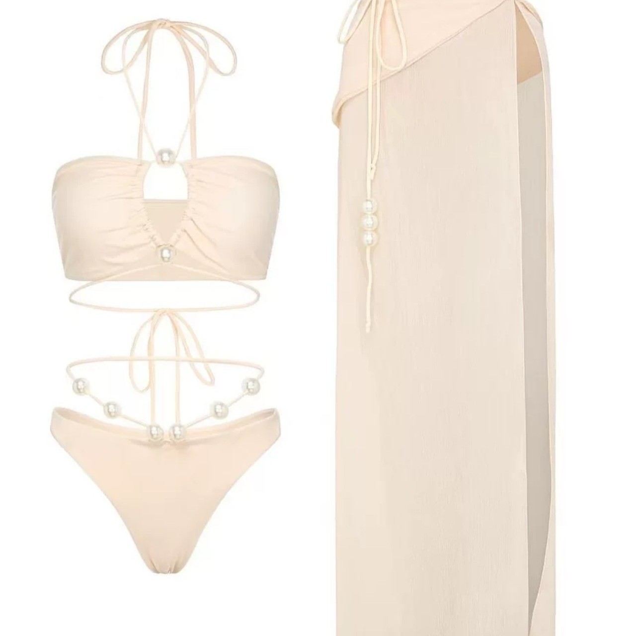 Apricot Pearl-Trim Halter Bandeau Three-Piece Bikini Set with Sarong Skirt view 4