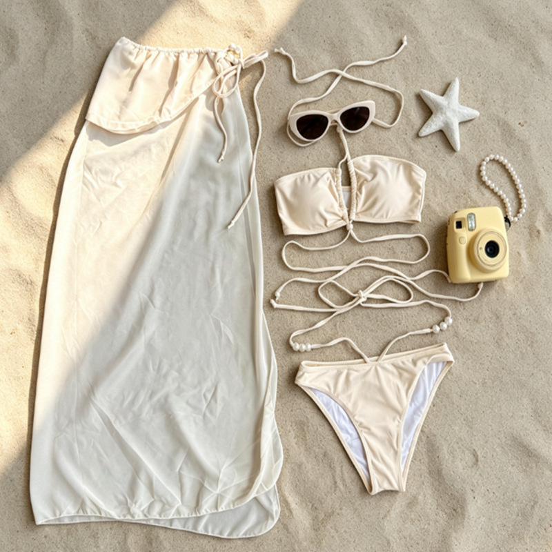 Apricot Pearl-Trim Halter Bandeau Three-Piece Bikini Set with Sarong Skirt view 5