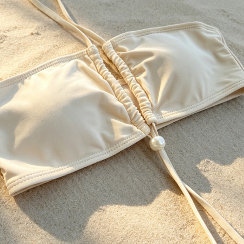 Apricot Pearl-Trim Halter Bandeau Three-Piece Bikini Set with Sarong Skirt view 8