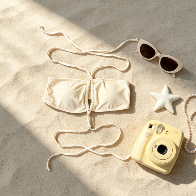 Apricot Pearl-Trim Halter Bandeau Three-Piece Bikini Set with Sarong Skirt view 9