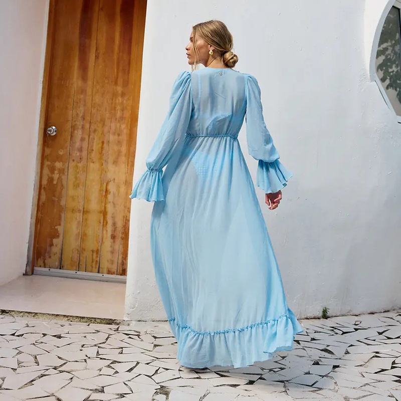 Light Blue Gingham Three-Piece Bikini Set with Sheer Bell-Sleeve Maxi Robe view 3