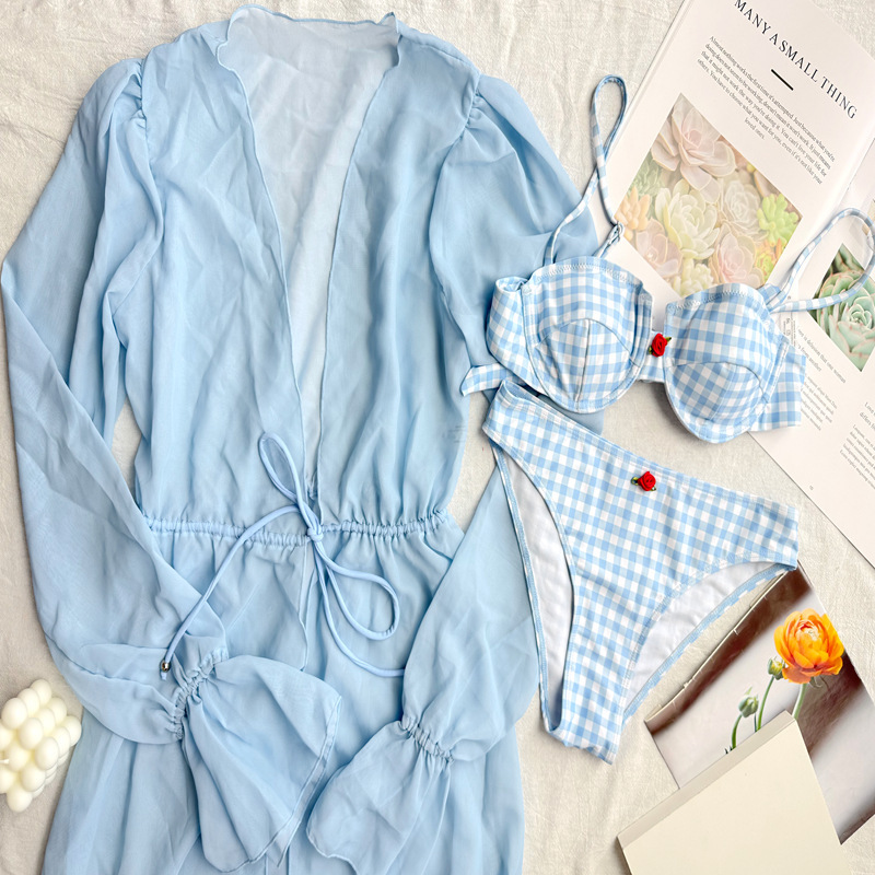 Light Blue Gingham Three-Piece Bikini Set with Sheer Bell-Sleeve Maxi Robe view 4