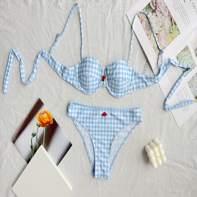Light Blue Gingham Three-Piece Bikini Set with Sheer Bell-Sleeve Maxi Robe view 5
