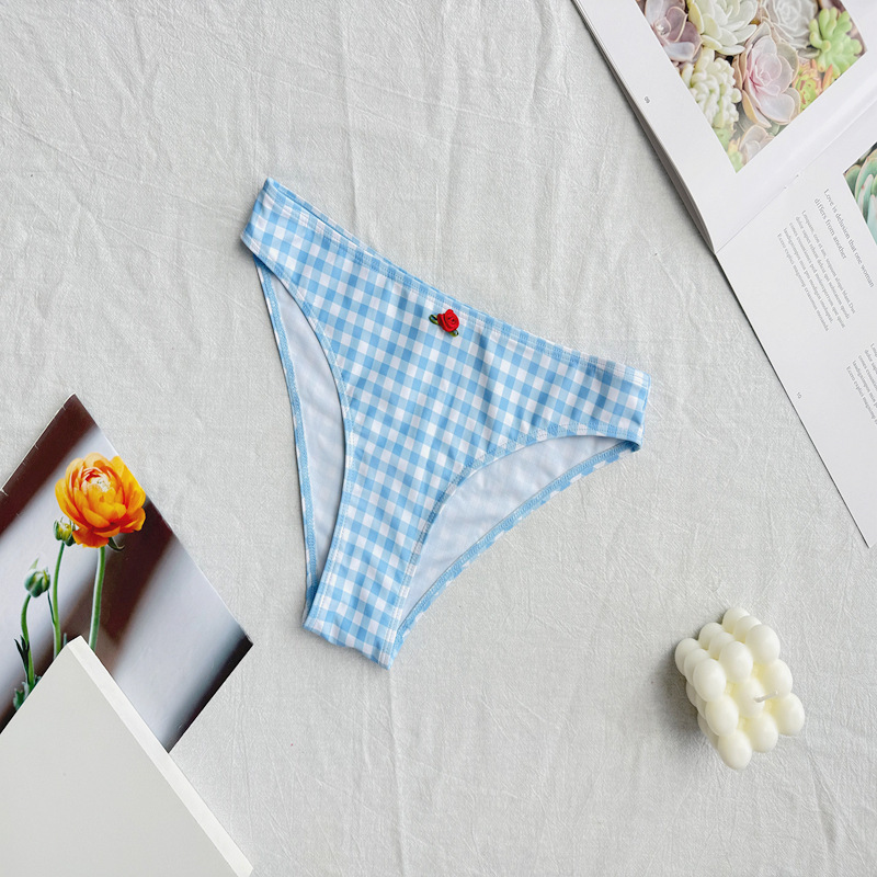 Light Blue Gingham Three-Piece Bikini Set with Sheer Bell-Sleeve Maxi Robe view 8