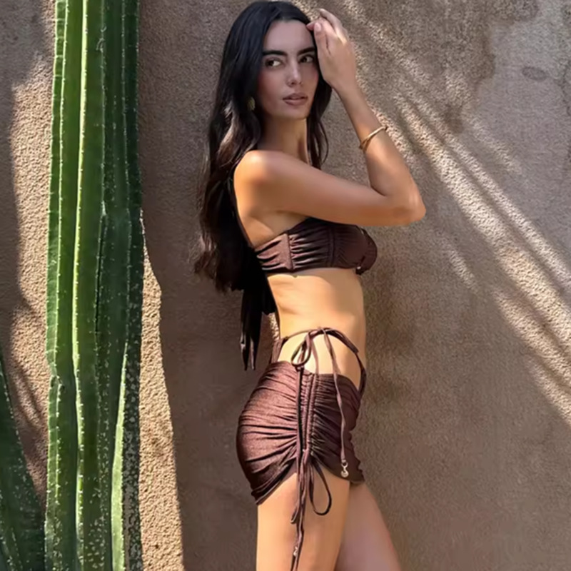 Coffee Brown Ruched Ring-Cup Three-Piece Bikini with Mini Skirt