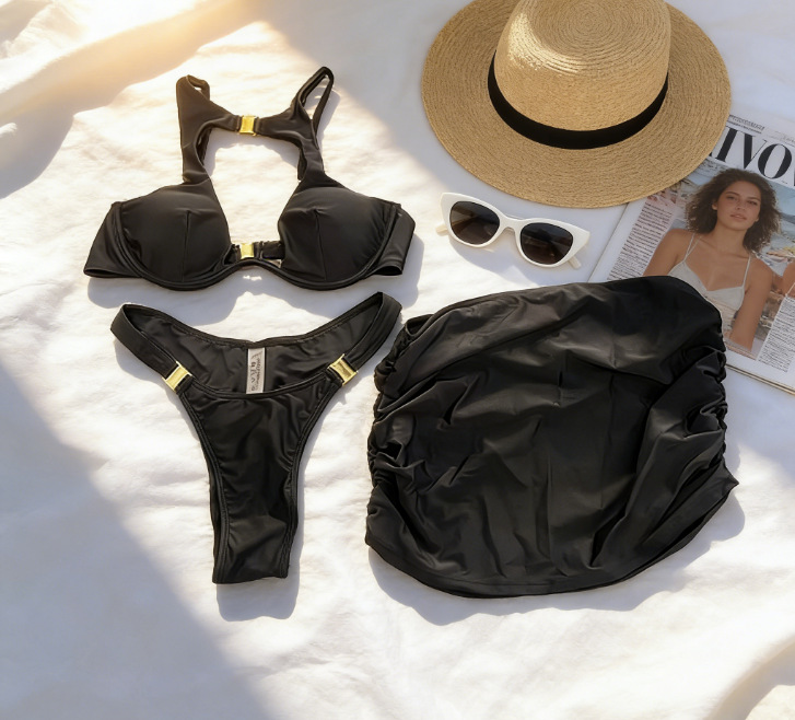 Black Gold-Hardware High-Neck Cutout Bikini with Ruched Mini Skirt Three-Piece Set view 3