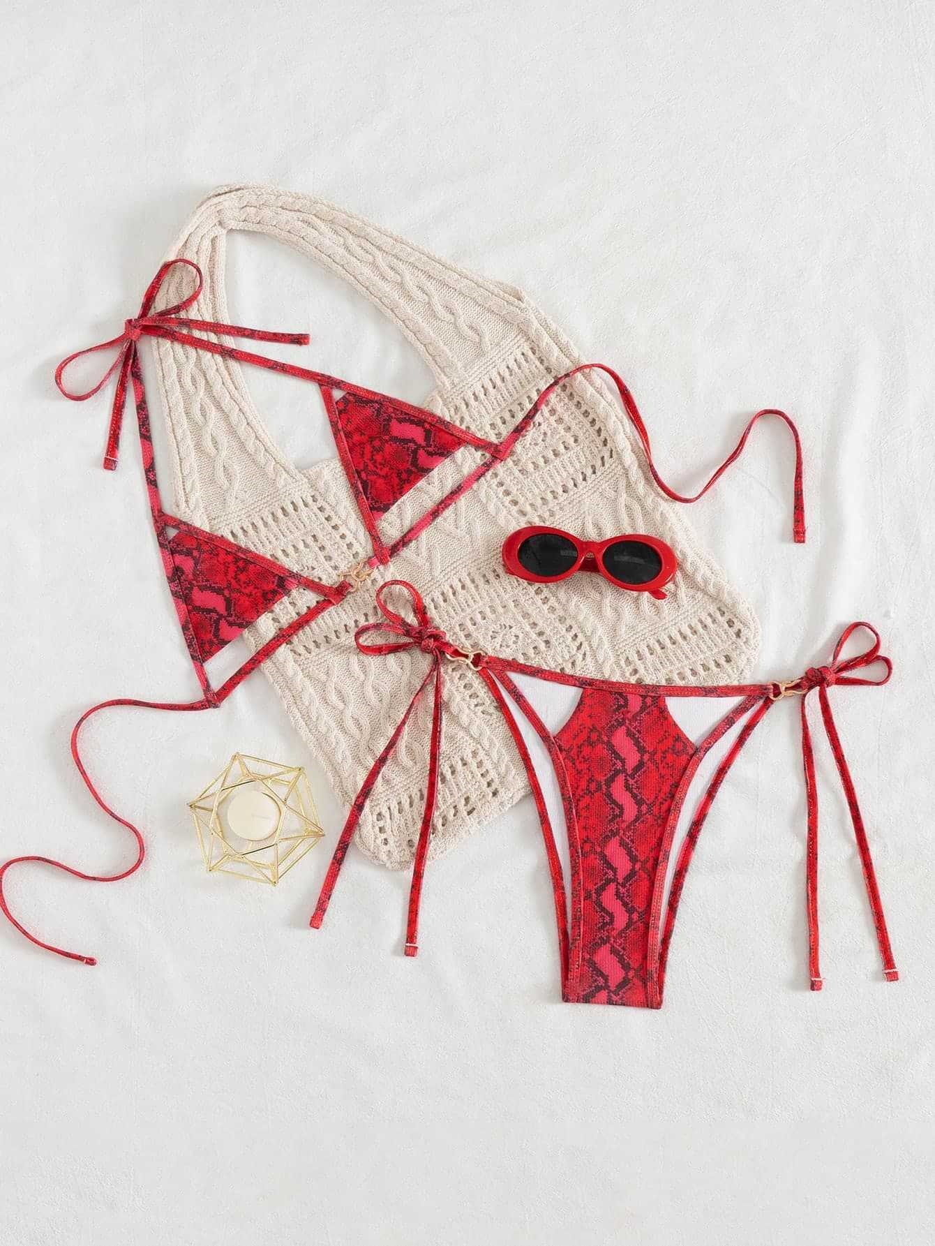 Red Snake Print Side Tie Strappy High Cut Bikini Bottom