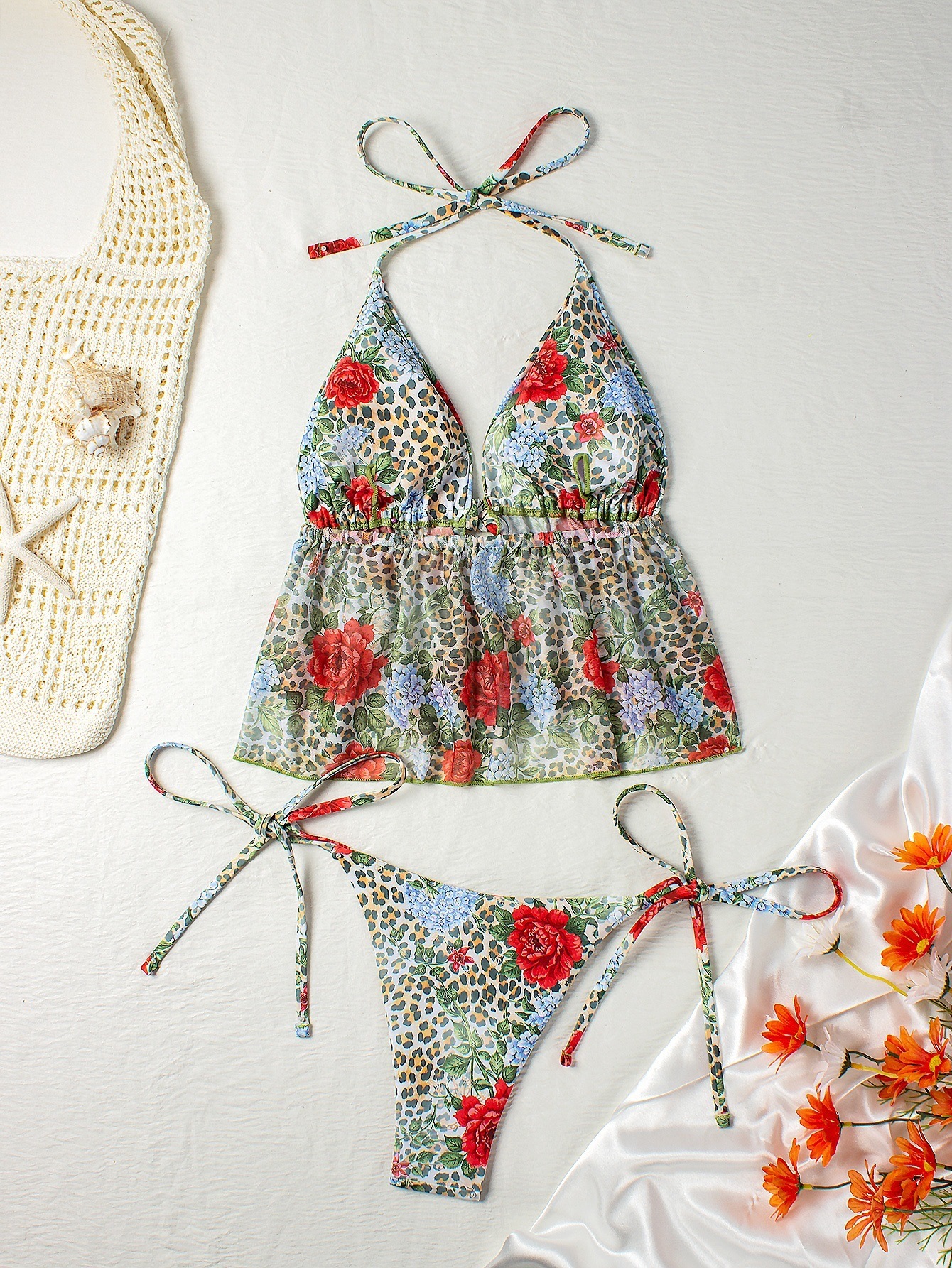 Tie Front Ruffle Hem Two Piece Bikini Set view 6