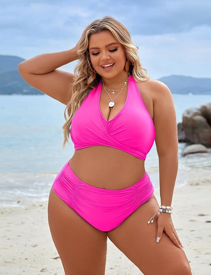 Women's Halter Neck Ruched High Waist Bikini Set view 21