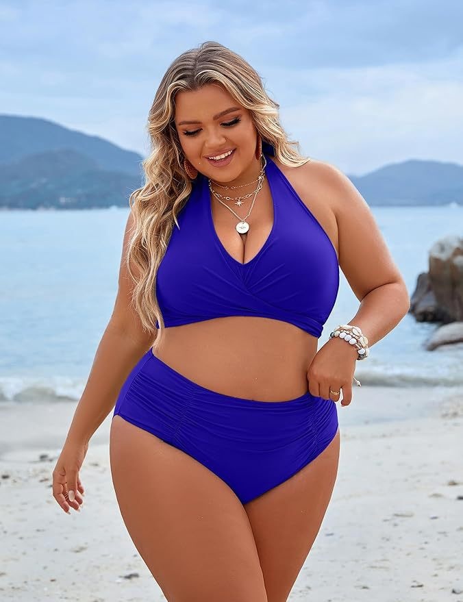 Women's Halter Neck Ruched High Waist Bikini Set view 26