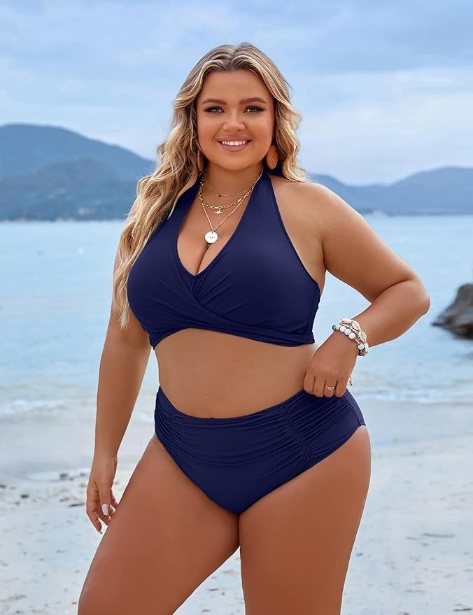 Women's Halter Neck Ruched High Waist Bikini Set view 31