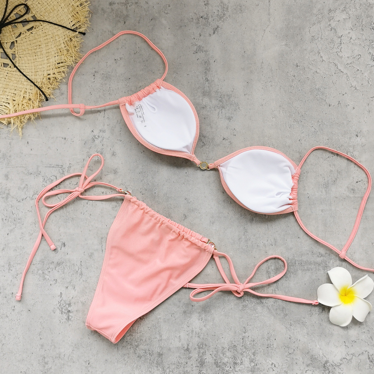 Pink Rhinestone Center Bikini Set with Triangle Top and Tie-Side Bottoms