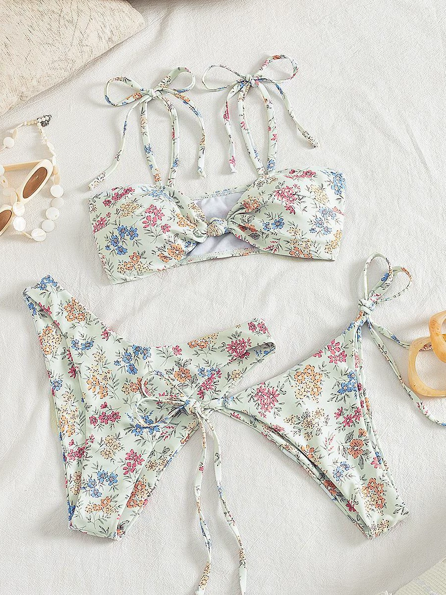 Three-Piece Bandeau Bikini Set with Two Bottom Styles in Floral Print