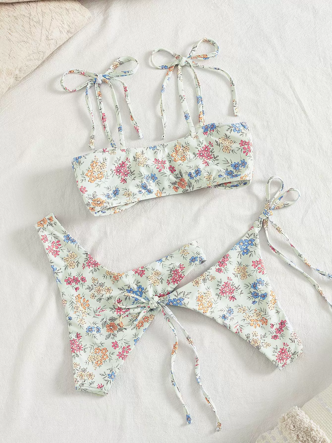 Three-Piece Bandeau Bikini Set with Two Bottom Styles in Floral Print