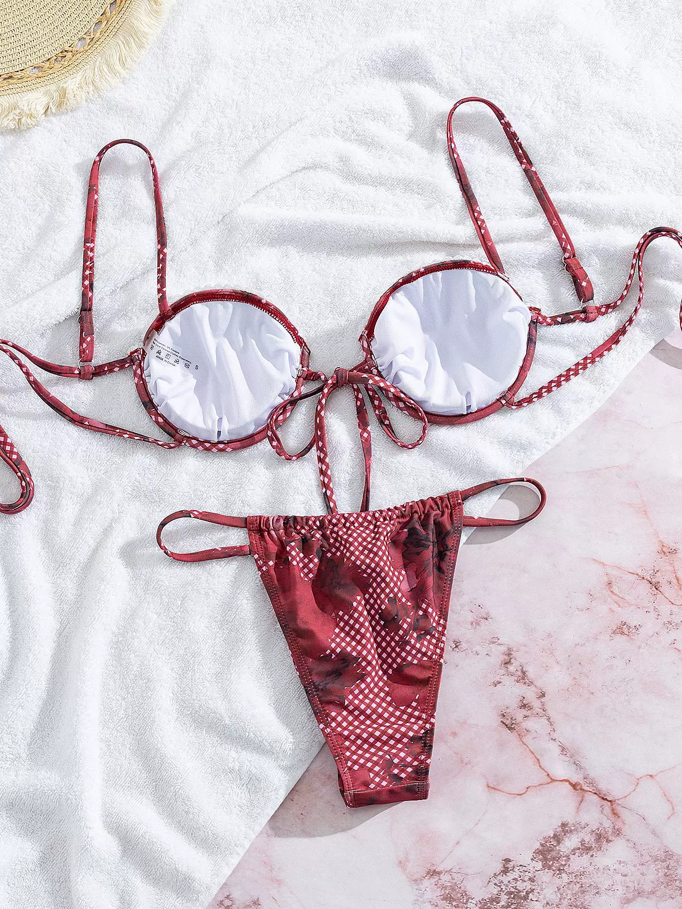 Underwire Molded Cup Bikini Set with Thong Bottom in Rose Red Floral Gingham Print