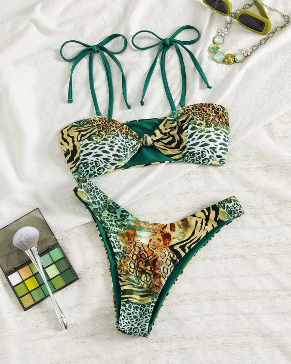 Conjunto de bikini bandeau con nudo frontal y tirantes para atar