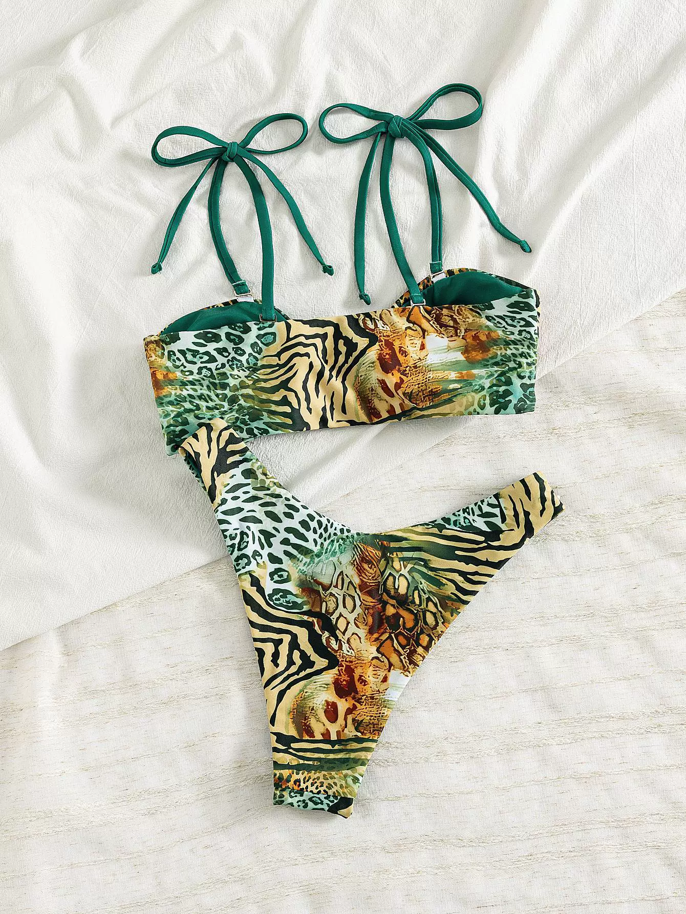 Bandeau Bikini Set with Front Knot and Tie Straps in Green Leopard Print