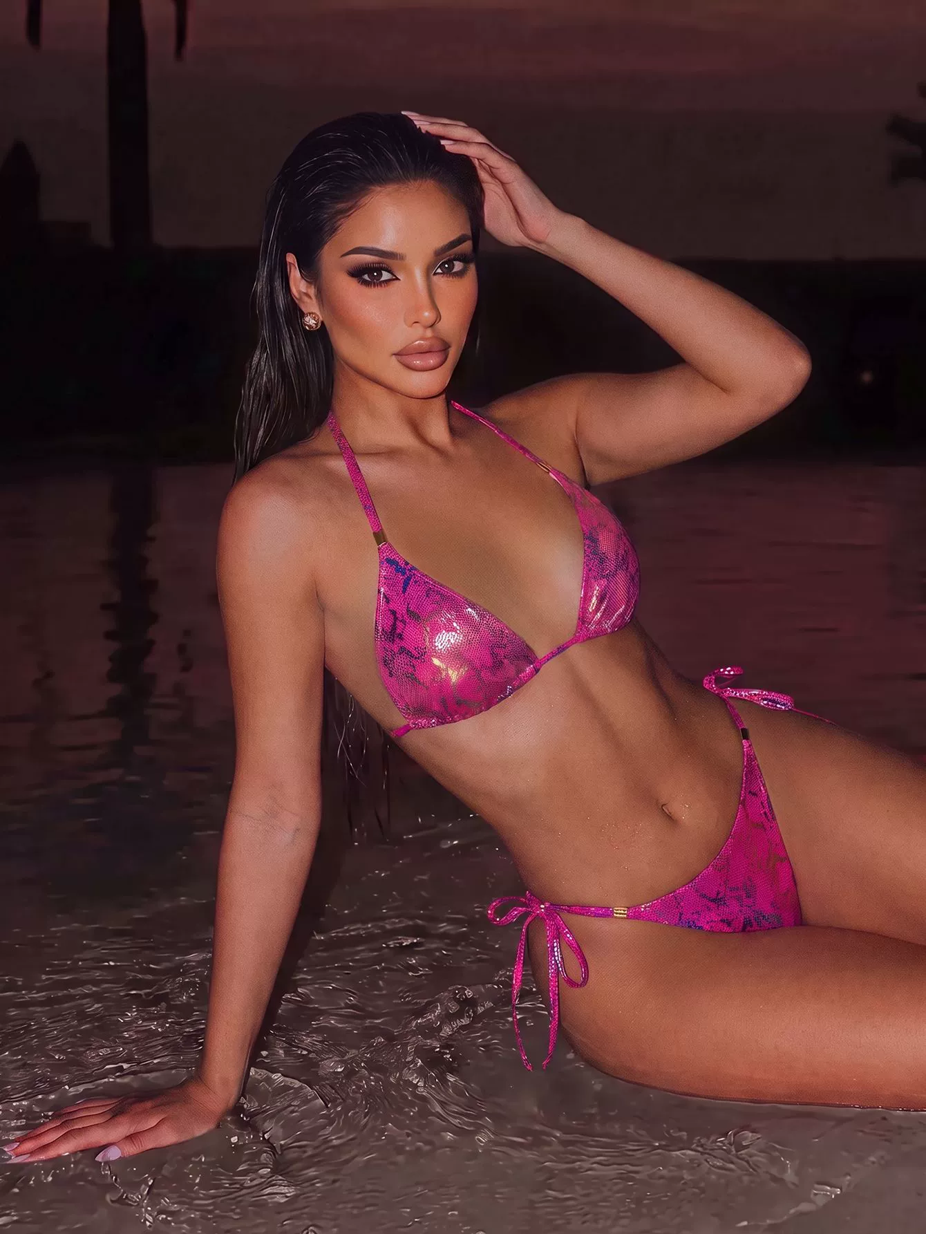 Women’s Triangle Bikini Set with Halter Neck and Tie-Side Bottoms in Hot Pink Snake Print