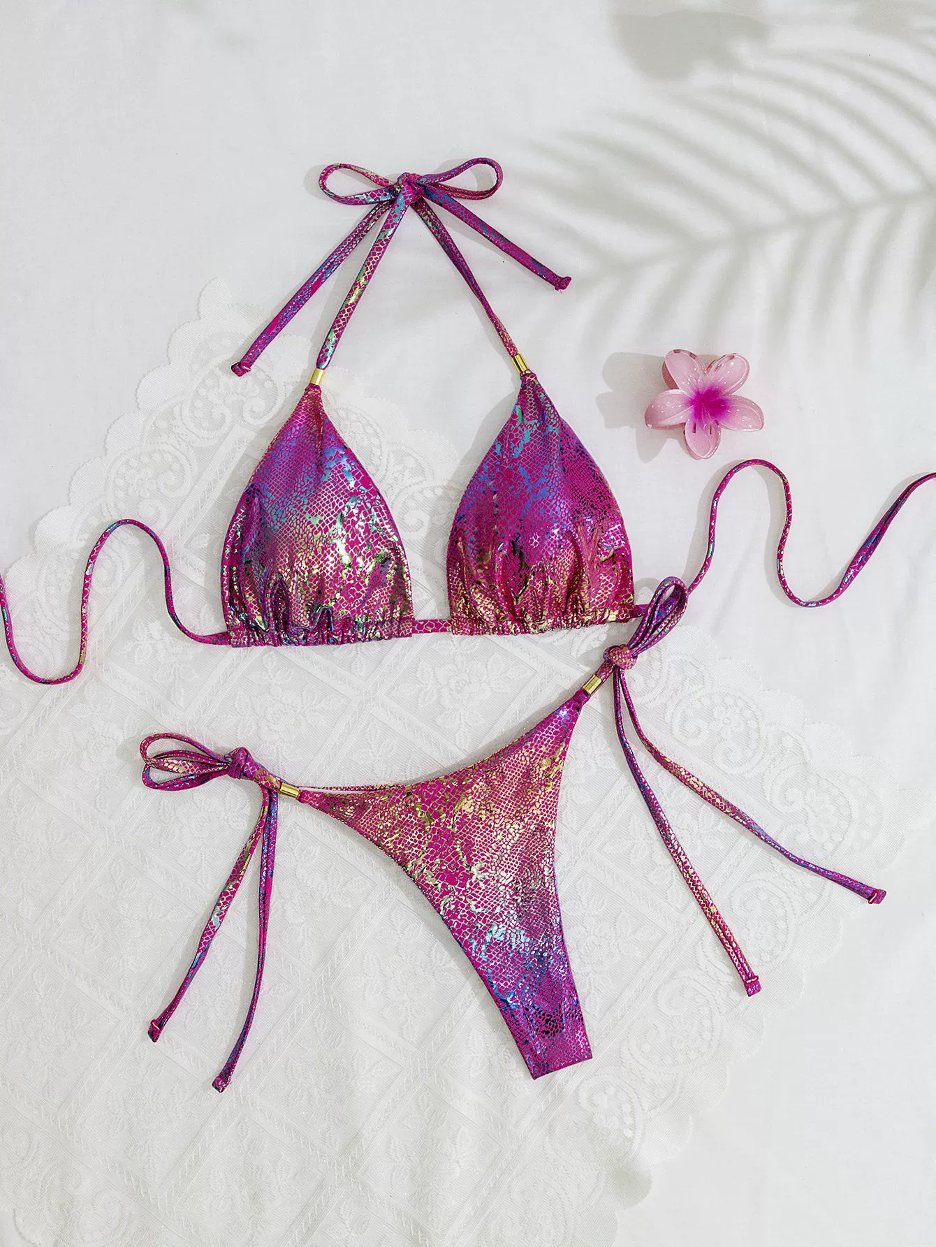 Women's Triangle Bikini Set with Halter Neck and Tie-Side Bottoms view 5