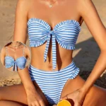 Ruffle Trim Knot Front Bandeau Bikini Set