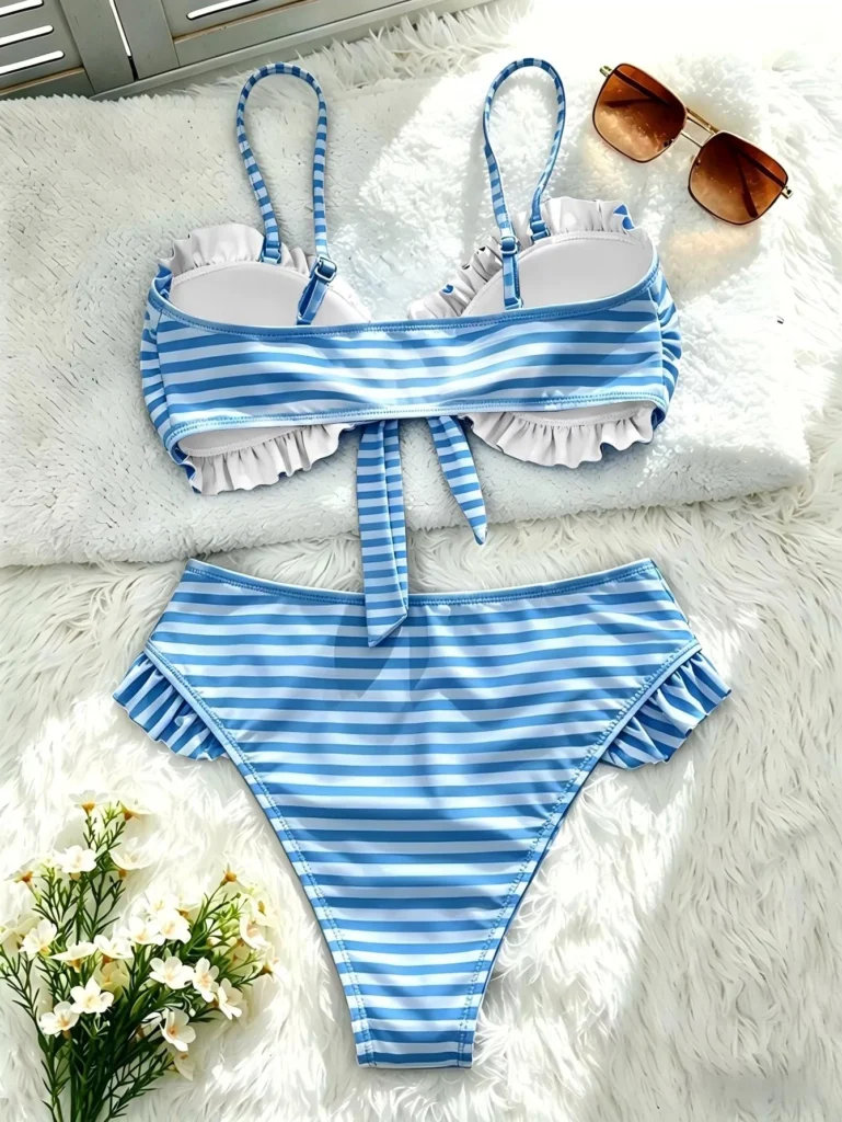 Ruffle Trim Knot Front Bandeau Bikini Set