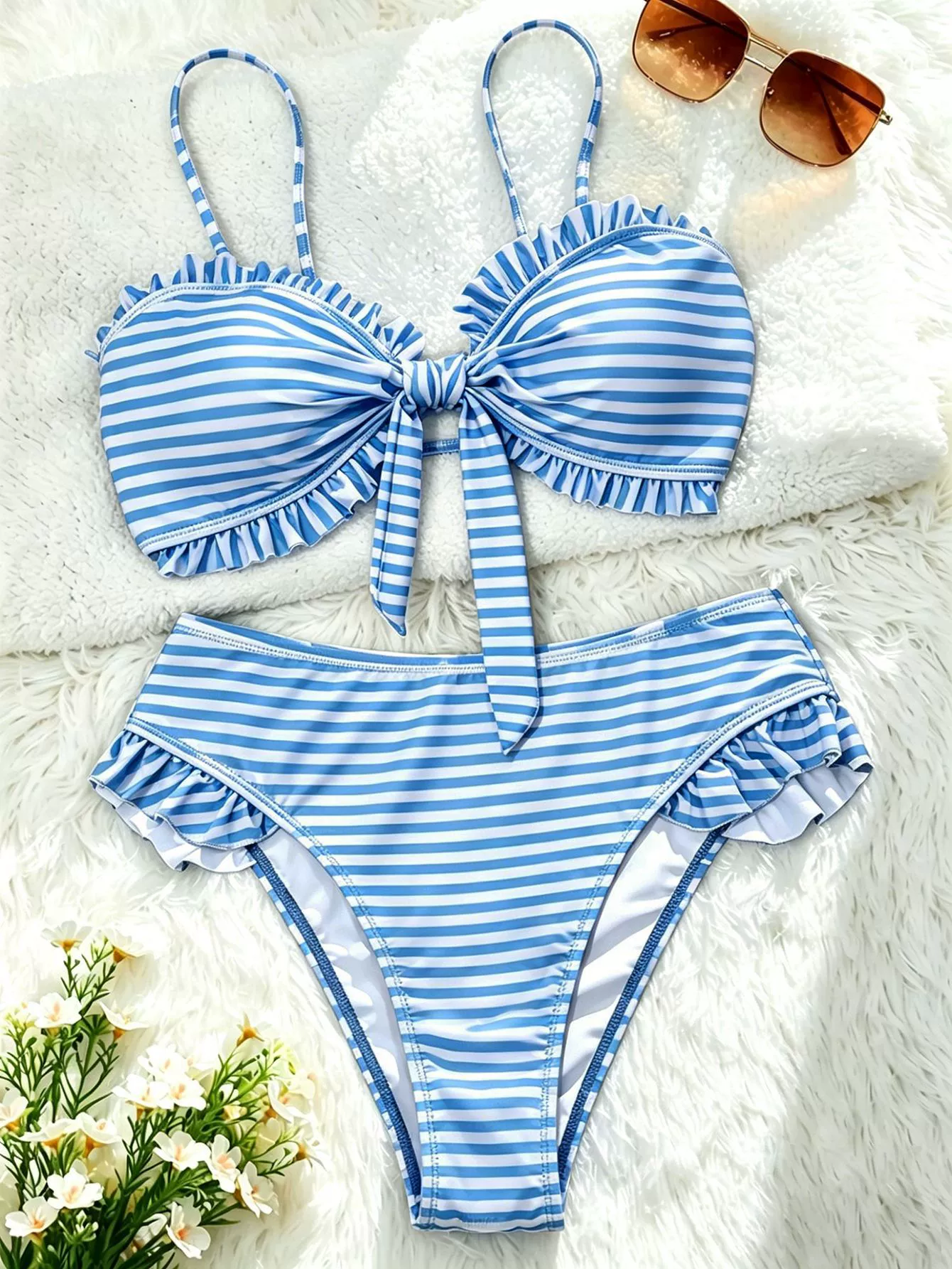 Ruffle Trim Knot Front Bandeau Bikini Set view 3