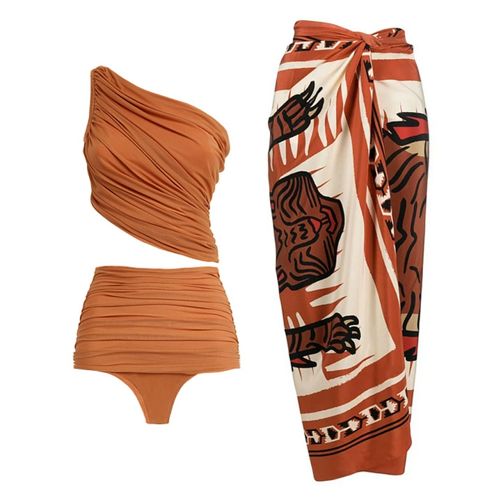 Women’s One-Shoulder Ruched Bikini Set with Sarong Wrap