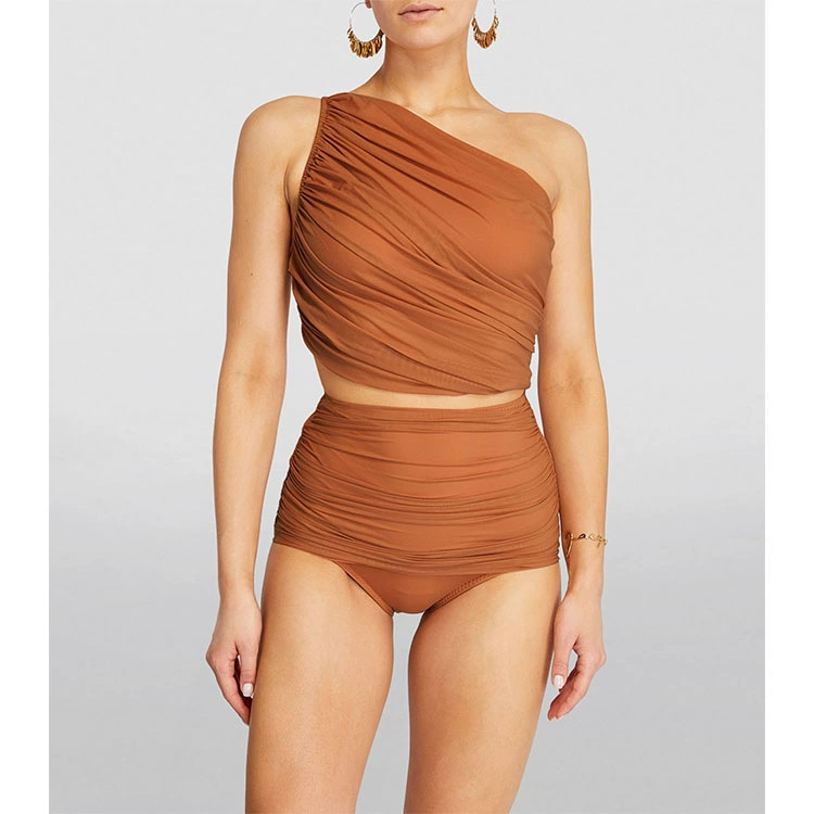 Women’s One-Shoulder Ruched Bikini Set with Sarong Wrap