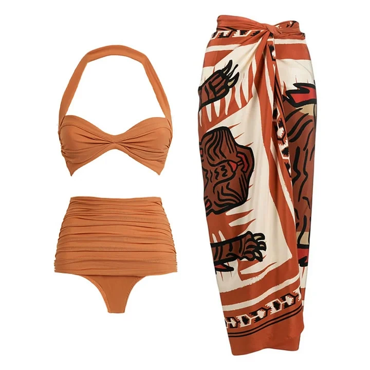 Women's One-Shoulder Ruched Bikini Set with Sarong Wrap view 5