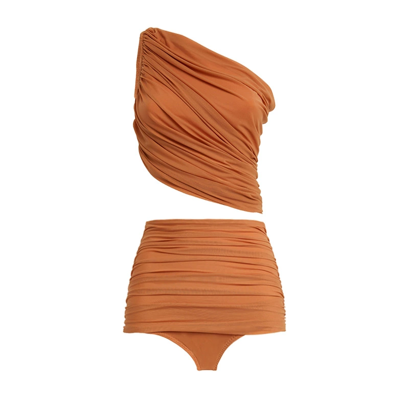 Women's One-Shoulder Ruched Bikini Set with Sarong Wrap view 6