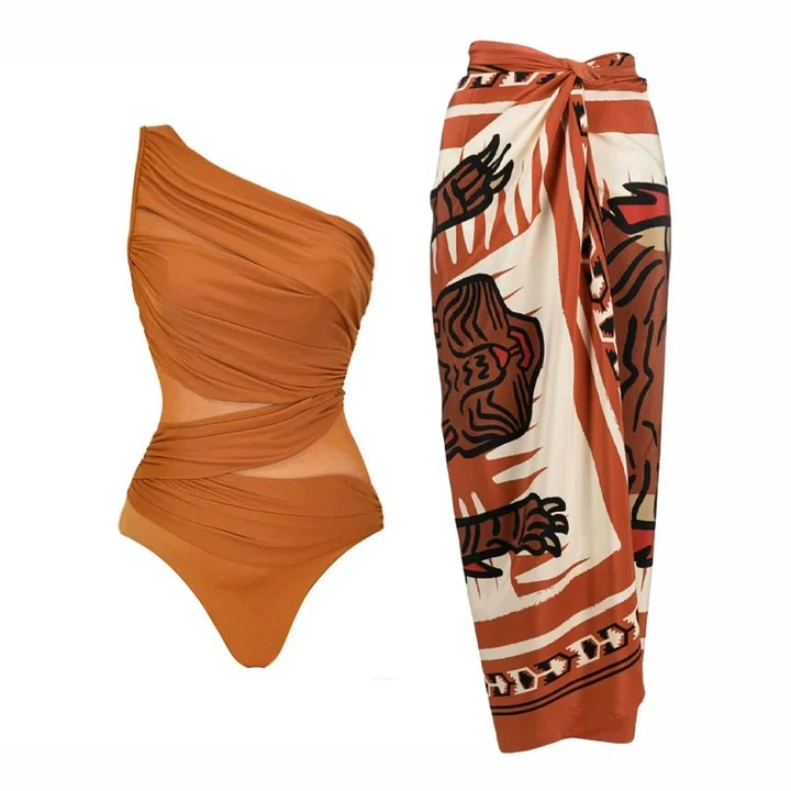 Women's One-Shoulder Ruched Bikini Set with Sarong Wrap view 9