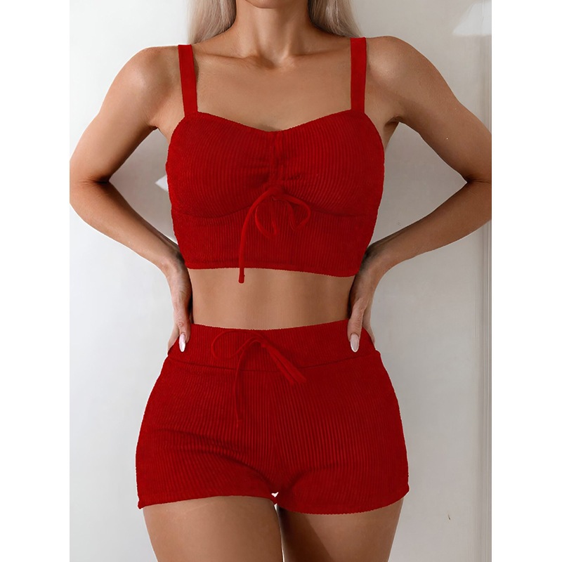 Red Ribbed Two-Piece Crop Top and High-Waisted Shorts Set