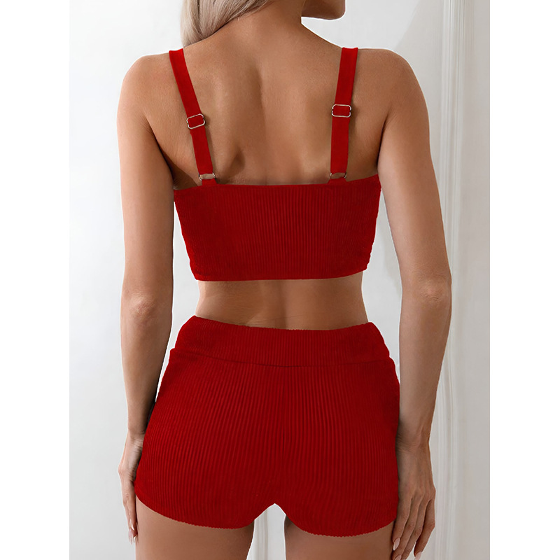 Red Ribbed Two-Piece Crop Top and High-Waisted Shorts Set