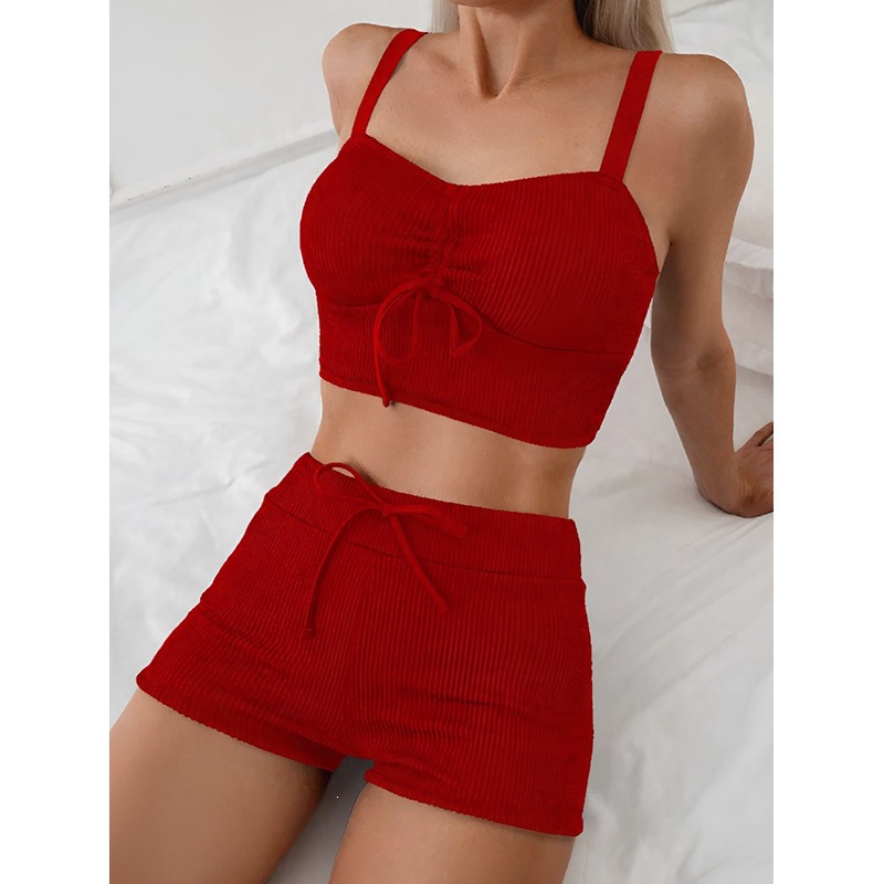 Red Ribbed Two-Piece Crop Top and High-Waisted Shorts Set view 3