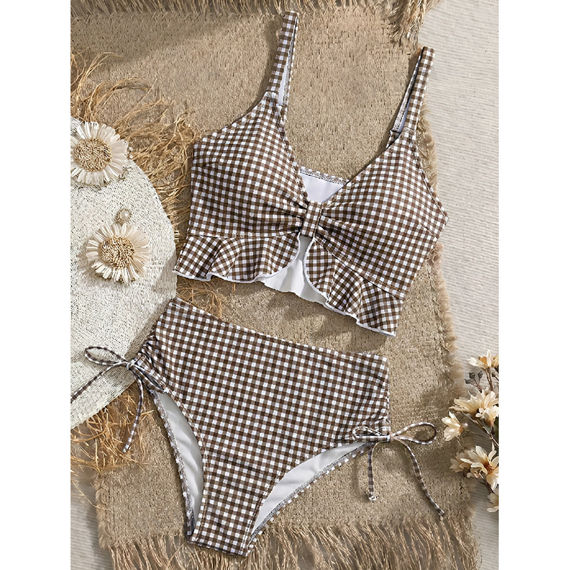 Khaki Gingham Twist-Front Ruffled Bikini Set with High-Waisted Tie-Side Bottoms