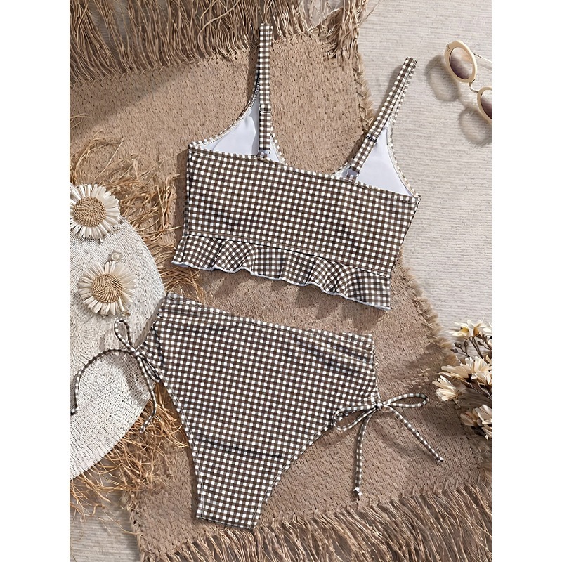 Khaki Gingham Twist-Front Ruffled Bikini Set with High-Waisted Tie-Side Bottoms view 3