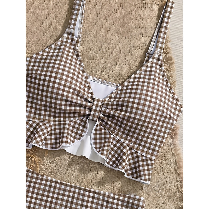 Khaki Gingham Twist-Front Ruffled Bikini Set with High-Waisted Tie-Side Bottoms view 4