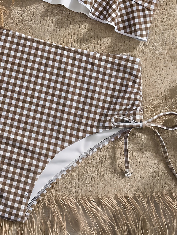 Khaki Gingham Twist-Front Ruffled Bikini Set with High-Waisted Tie-Side Bottoms view 5