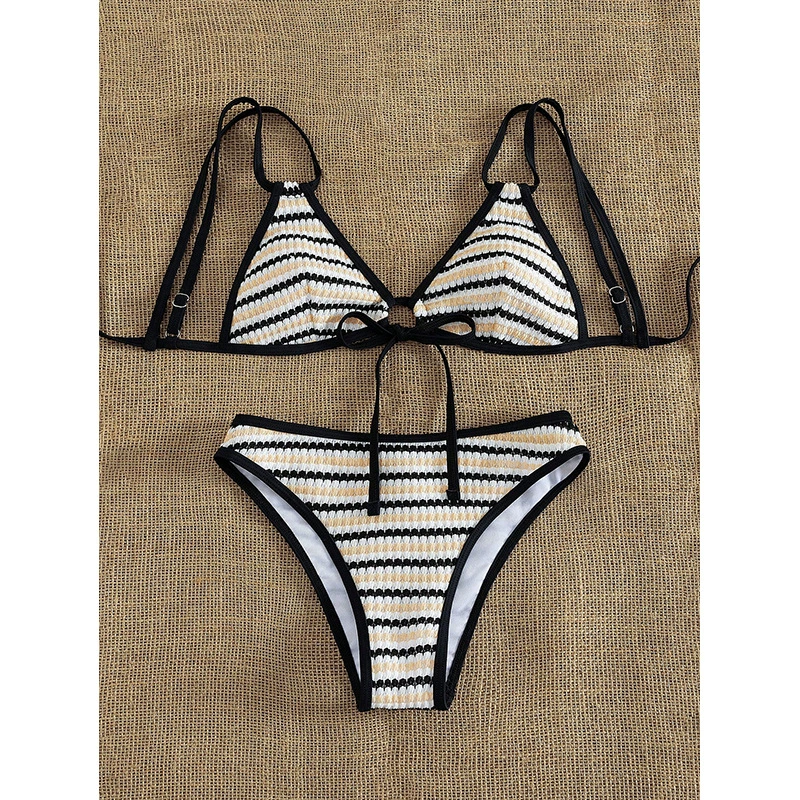 Beige Black and White Striped Triangle Bikini Set with Tie Front